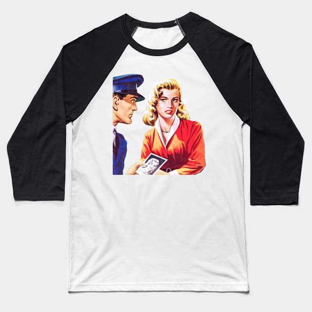 beautiful girl is questioned by police officer retro comic vintage Baseball T-Shirt by REVISTANGO